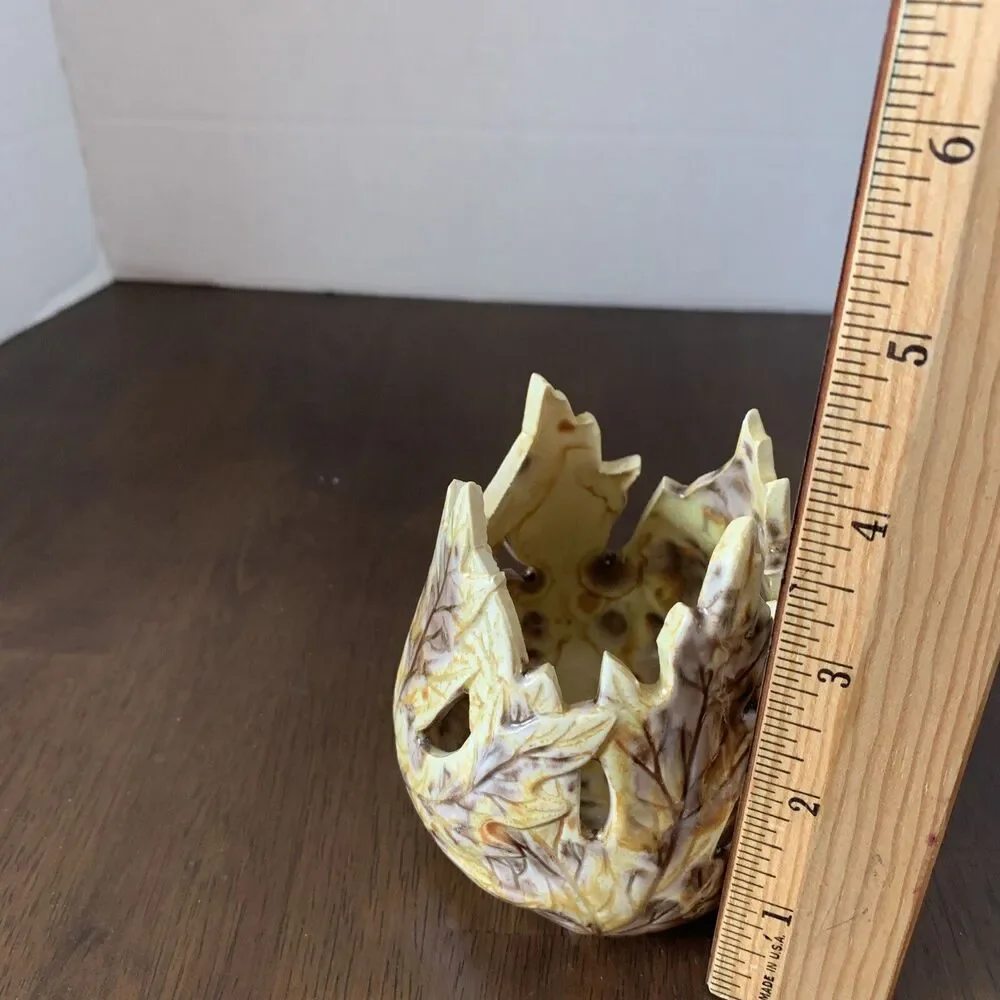 ART POTTERY VINTAGE.HANDMADE Yellow & Brown Leaf Design 3 3/4 Inch Signed W/date